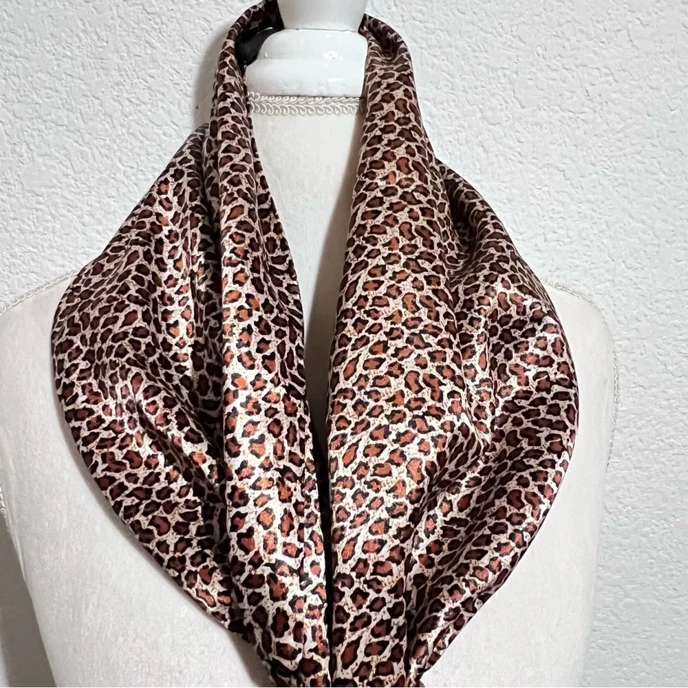 Dennis by Dennis Basso Brown Black Cream Satin Animal Print Scarf Large Unisex